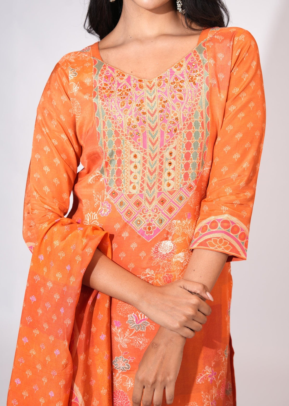 Orange Muslin Straight cut suit