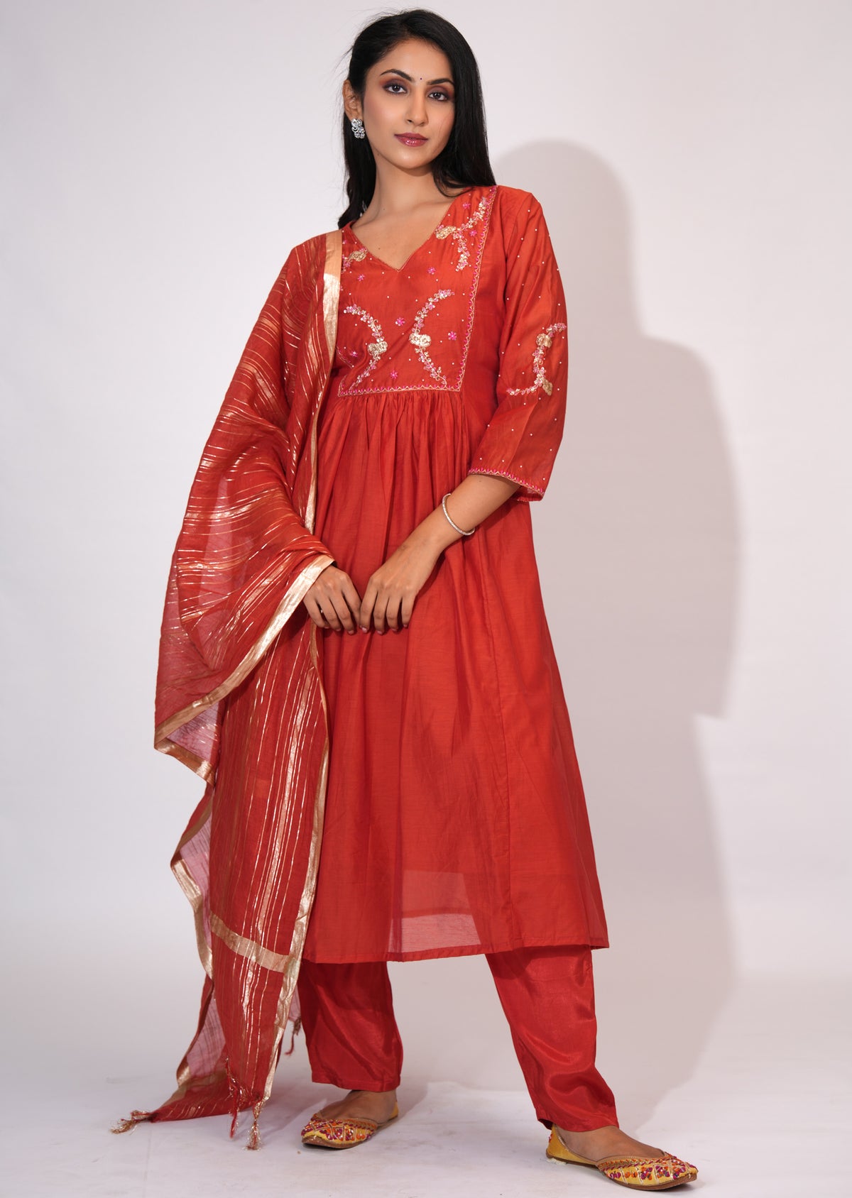Dark Rust Mul Chanderi Anarkali Suit
