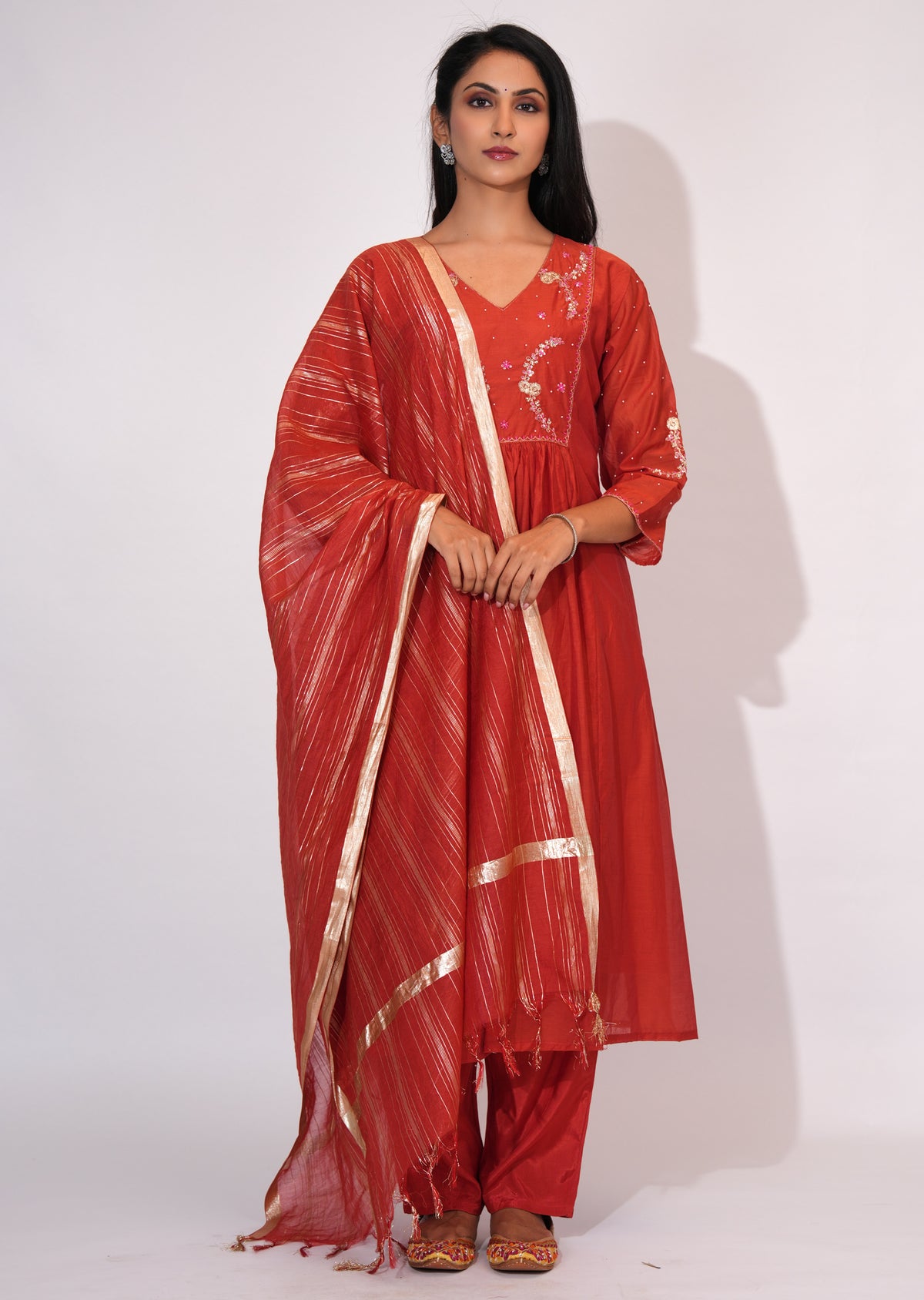 Dark Rust Mul Chanderi Anarkali Suit