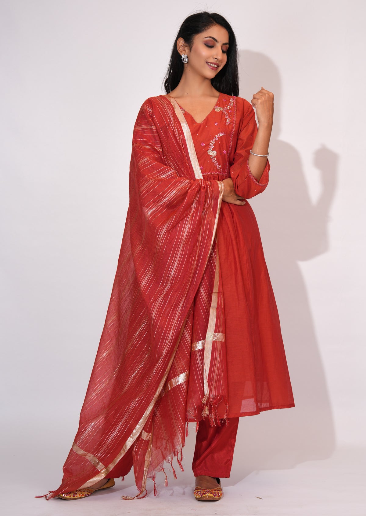 Dark Rust Mul Chanderi Anarkali Suit
