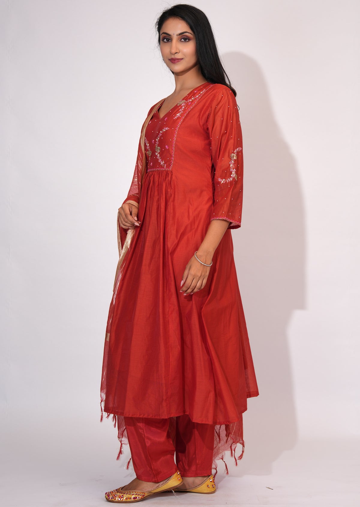 Dark Rust Mul Chanderi Anarkali Suit