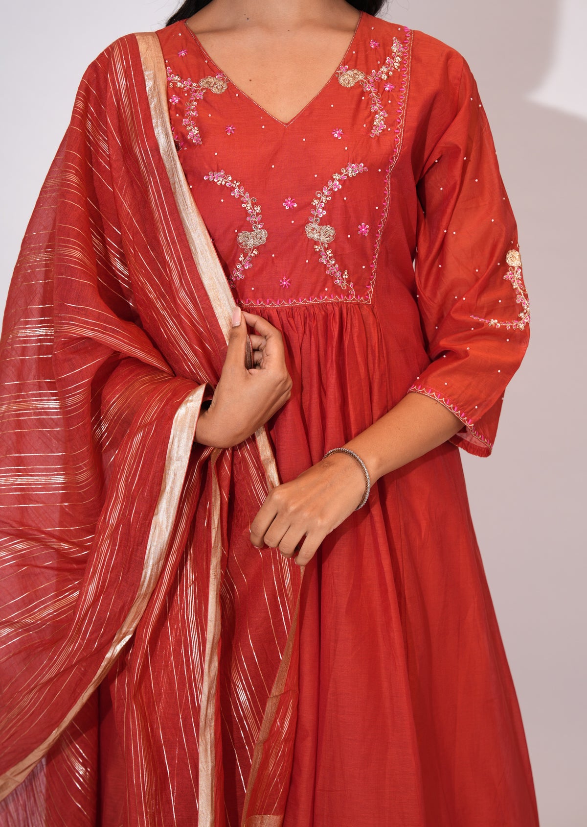 Dark Rust Mul Chanderi Anarkali Suit
