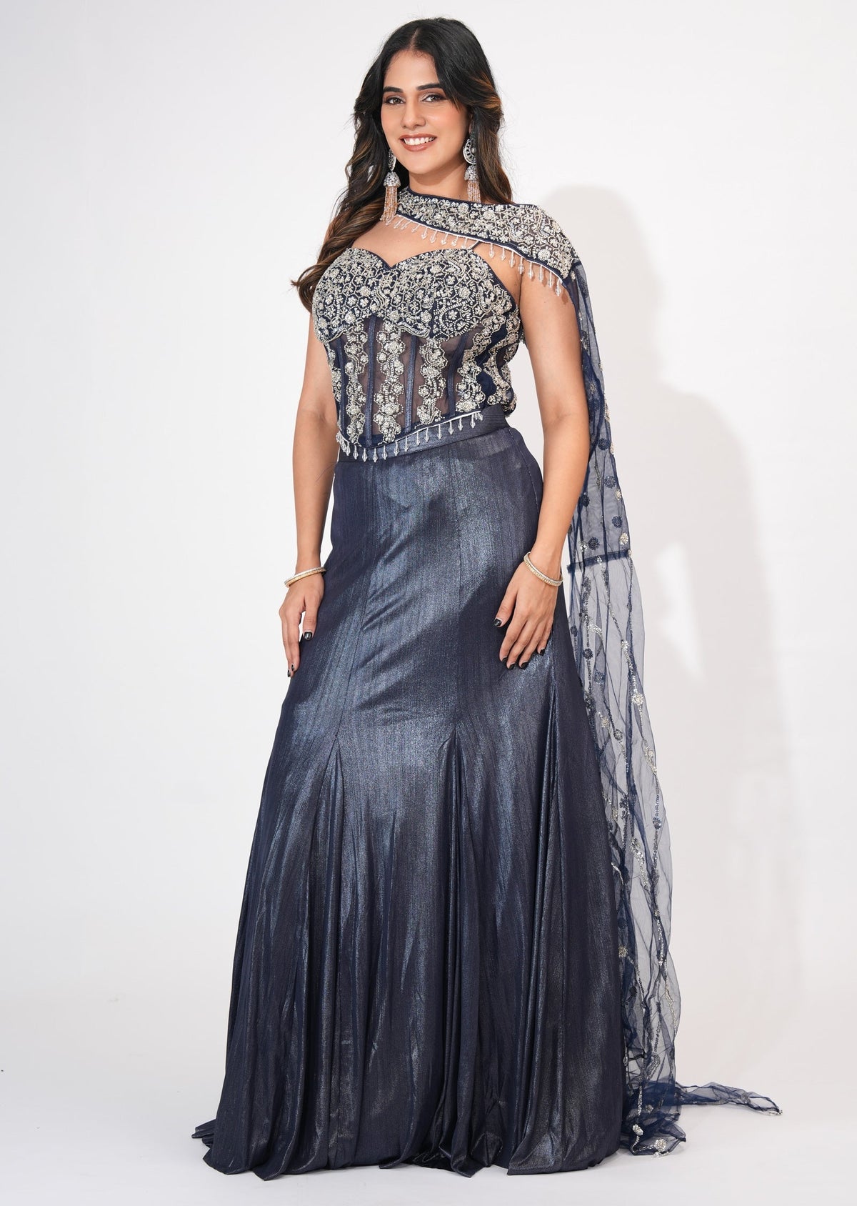 Navy Blue Shimmer Crop top Set