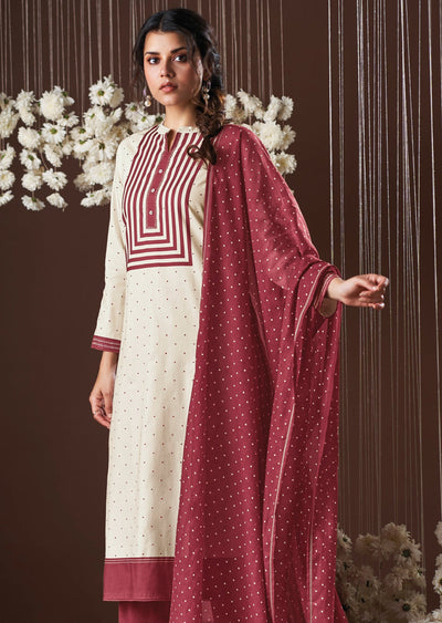 Cream & Maroon Cotton Straight cut suit