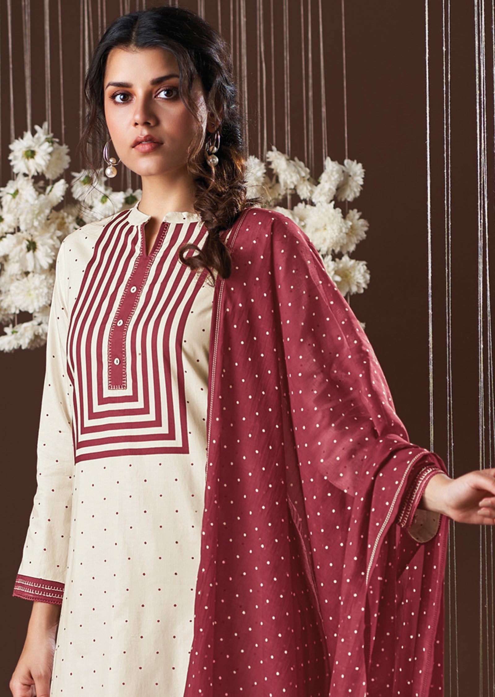 Cream & Maroon Cotton Straight cut suit