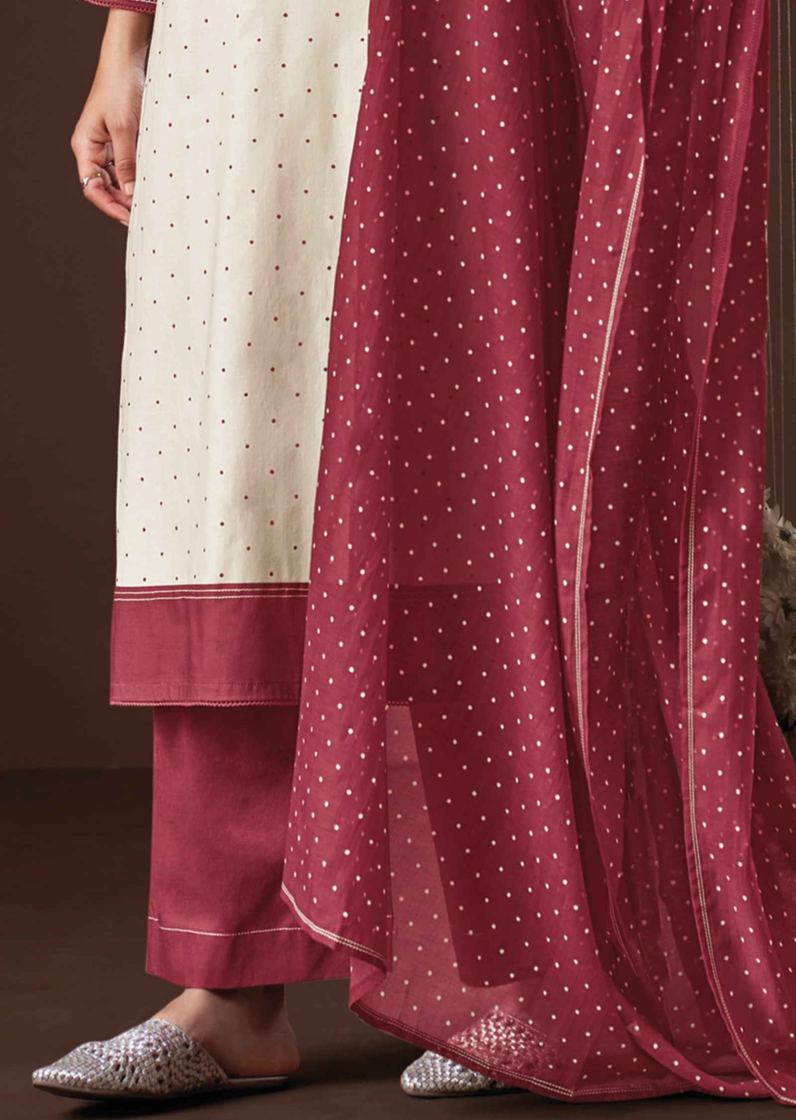 Cream & Maroon Cotton Straight cut suit