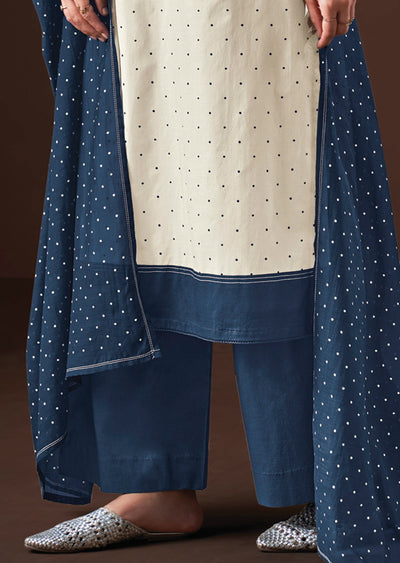 Cream & Blue Cotton Straight cut suit