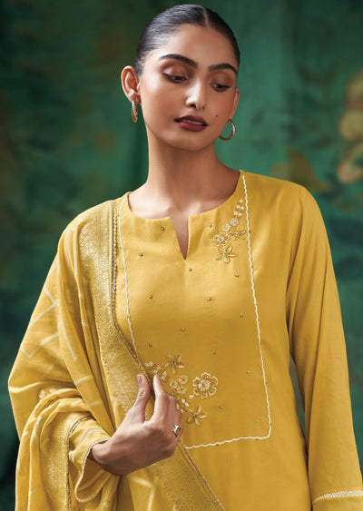 Yellow Mul Chanderi Straight cut suit