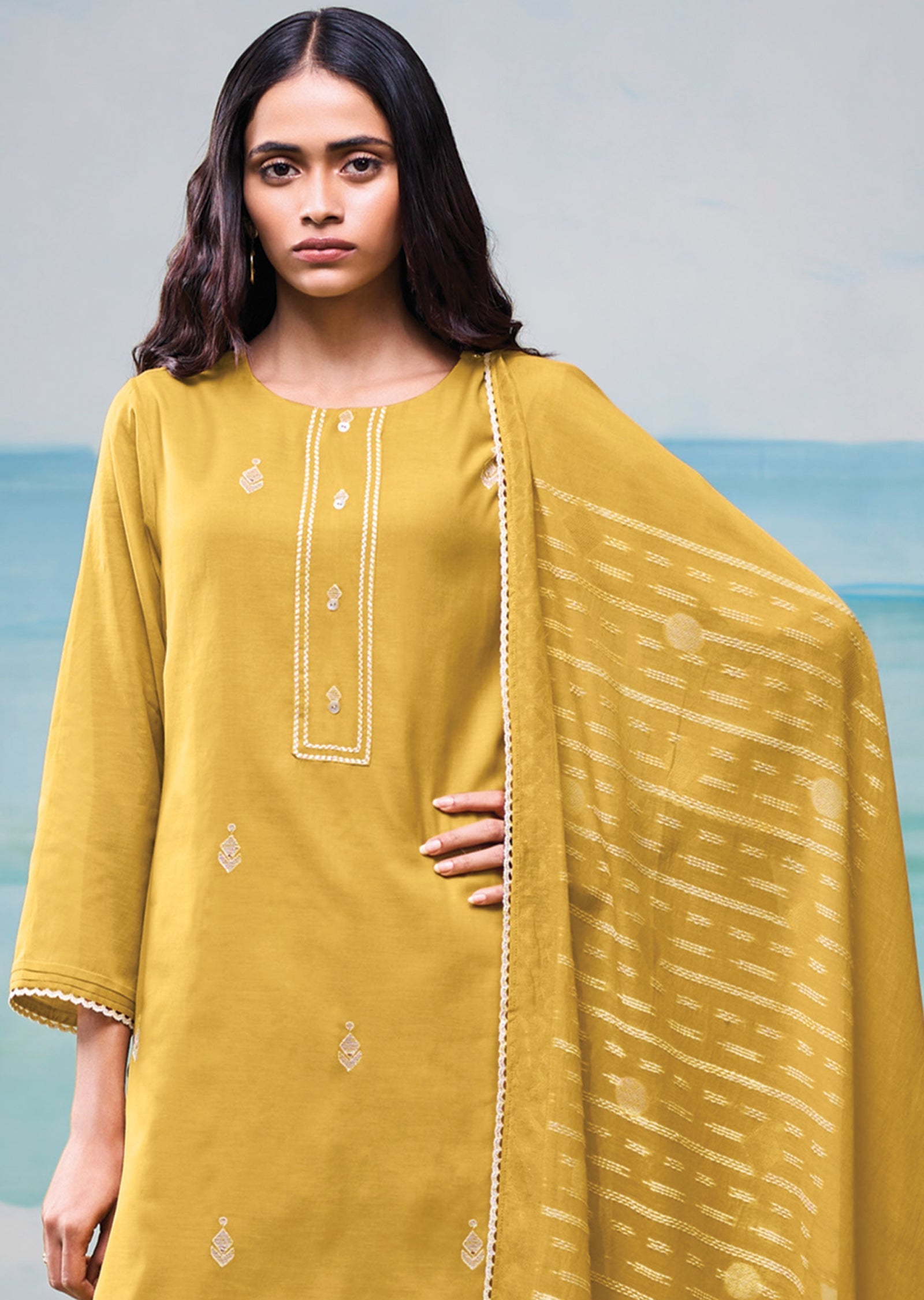 Mustard Mul Chanderi Straight cut suit