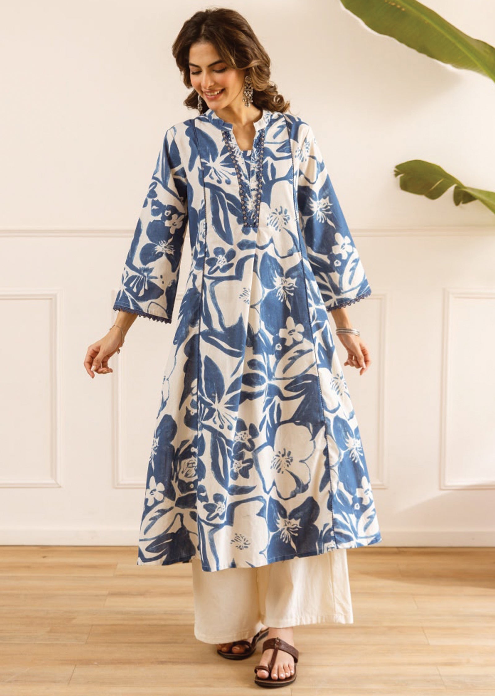Cream & Blue Cotton Kurti Set