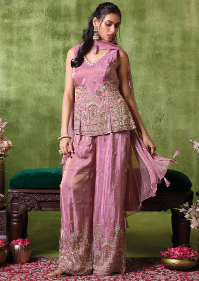 Onion Pink Tissue Sharara Set