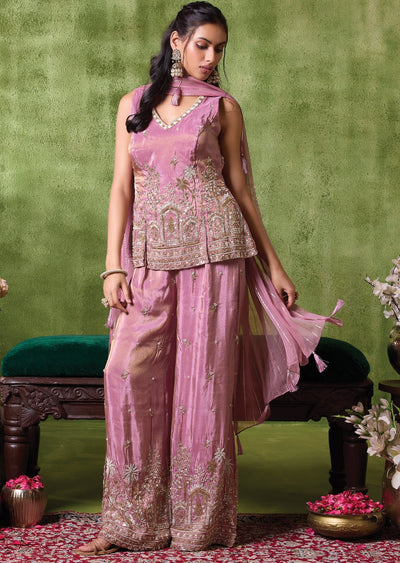 Onion Pink Tissue Sharara Set