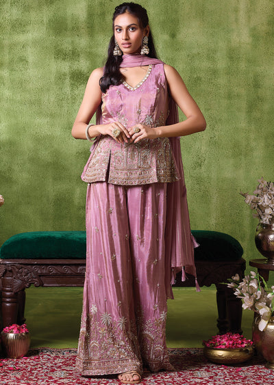 Onion Pink Tissue Sharara Set