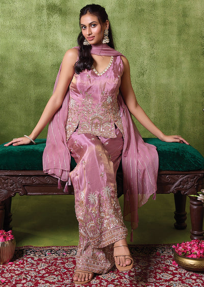 Onion Pink Tissue Sharara Set
