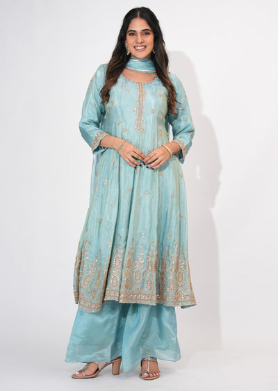 Dusty Blue Tissue Anarkali Suit