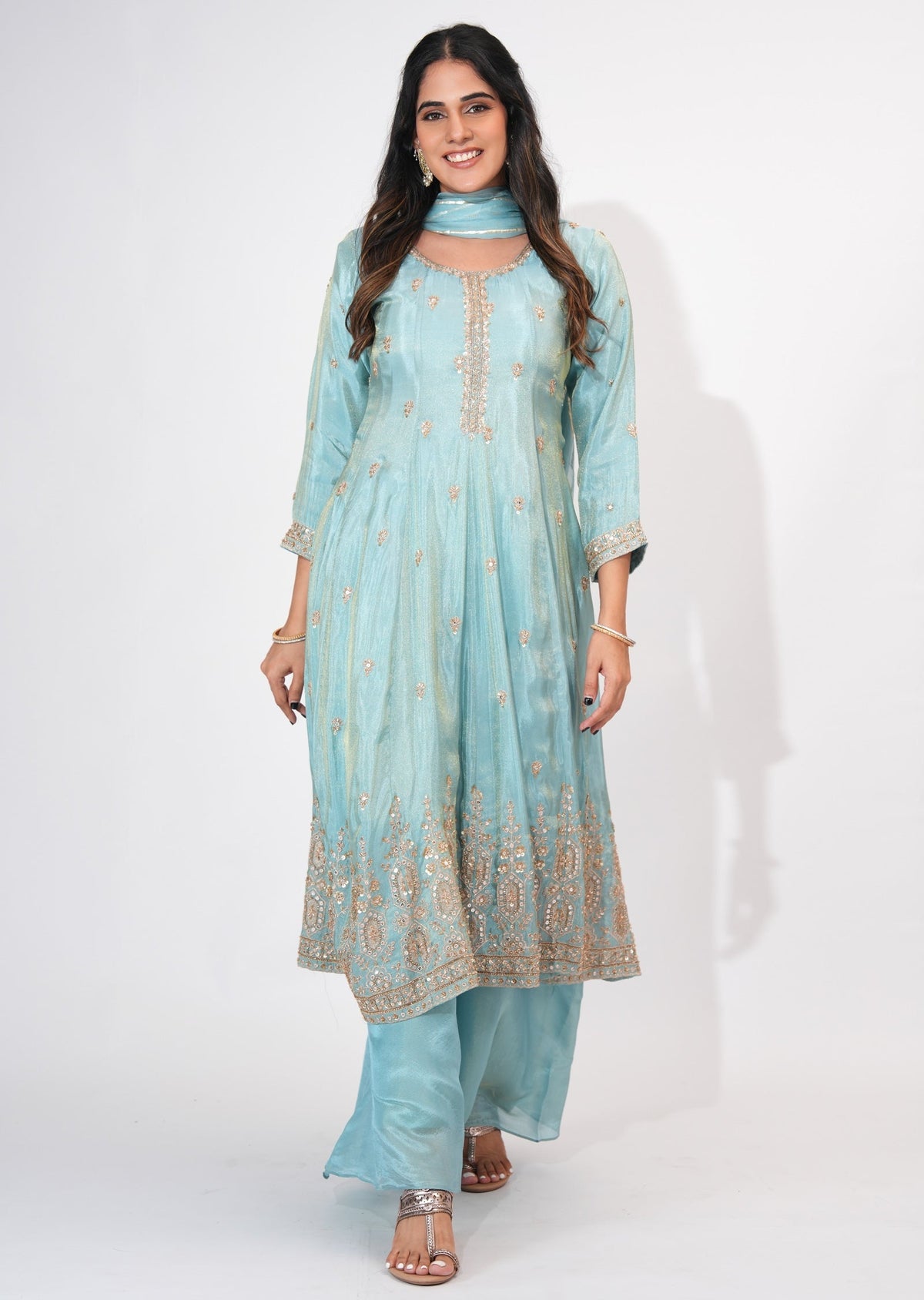 Dusty Blue Tissue Anarkali Suit