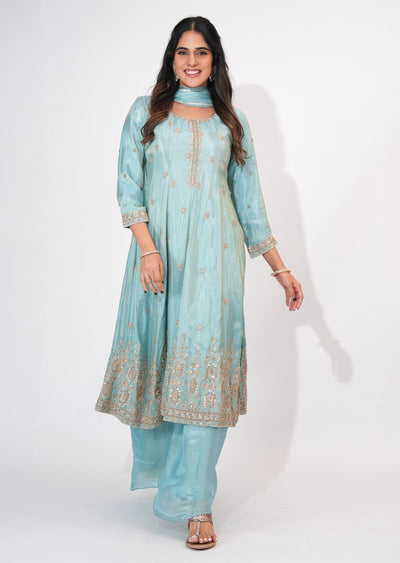 Dusty Blue Tissue Anarkali Suit