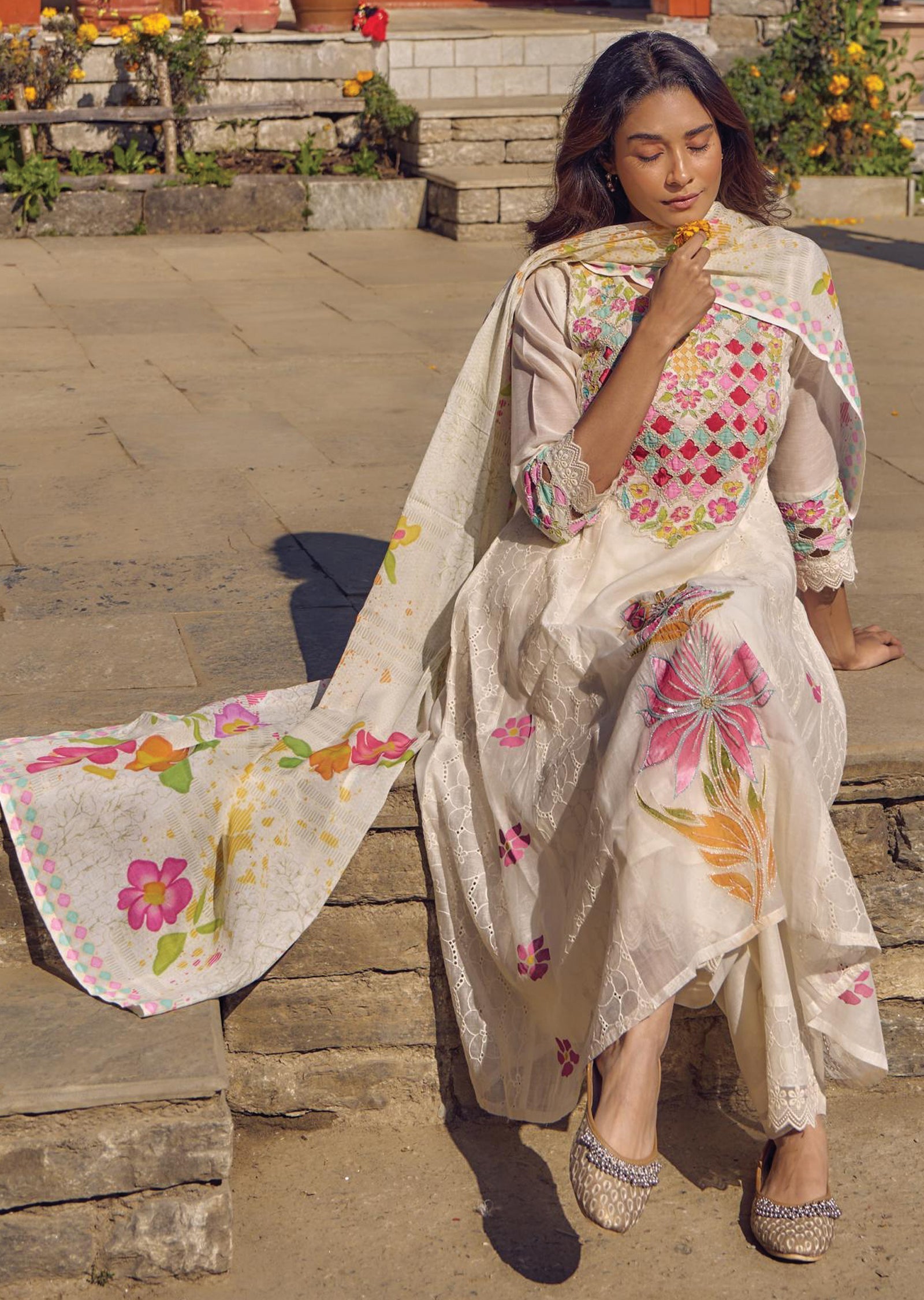 Light Yellow Cotton Anarkali Suit