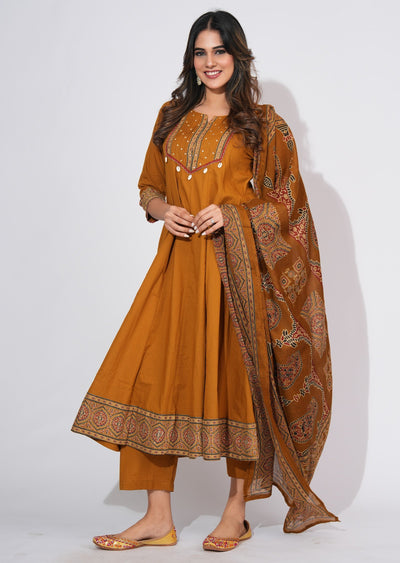 Dark Mustard Cotton Anarkali Suit