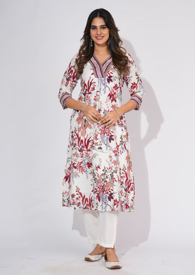 Off White Cotton Straight cut Kurti set