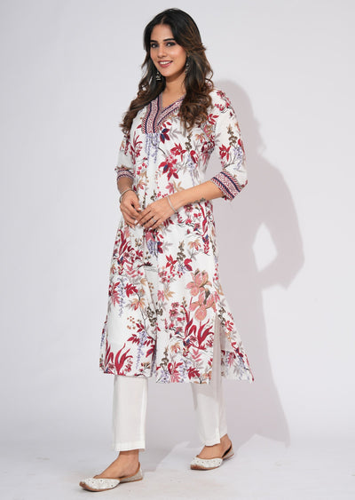 Off White Cotton Straight cut Kurti set