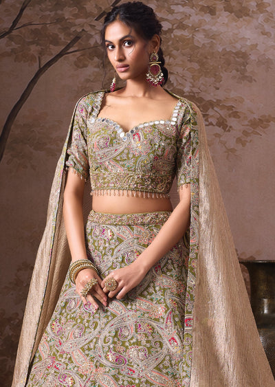 Mehndi Green Silk Lehenga set