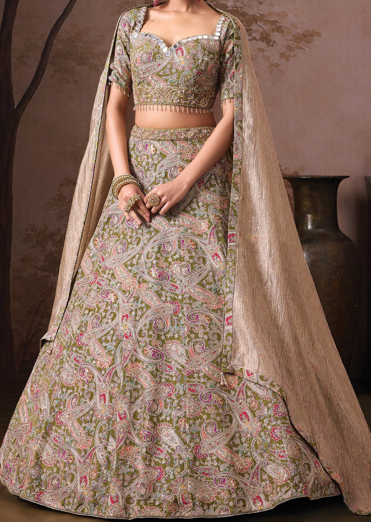 Mehndi Green Silk Lehenga set
