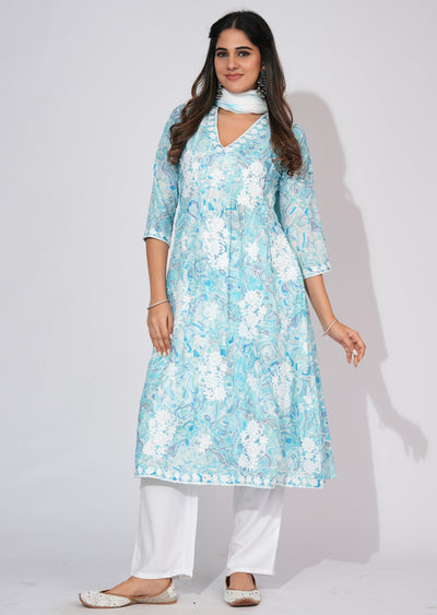 Light Blue Cotton Anarkali Suit