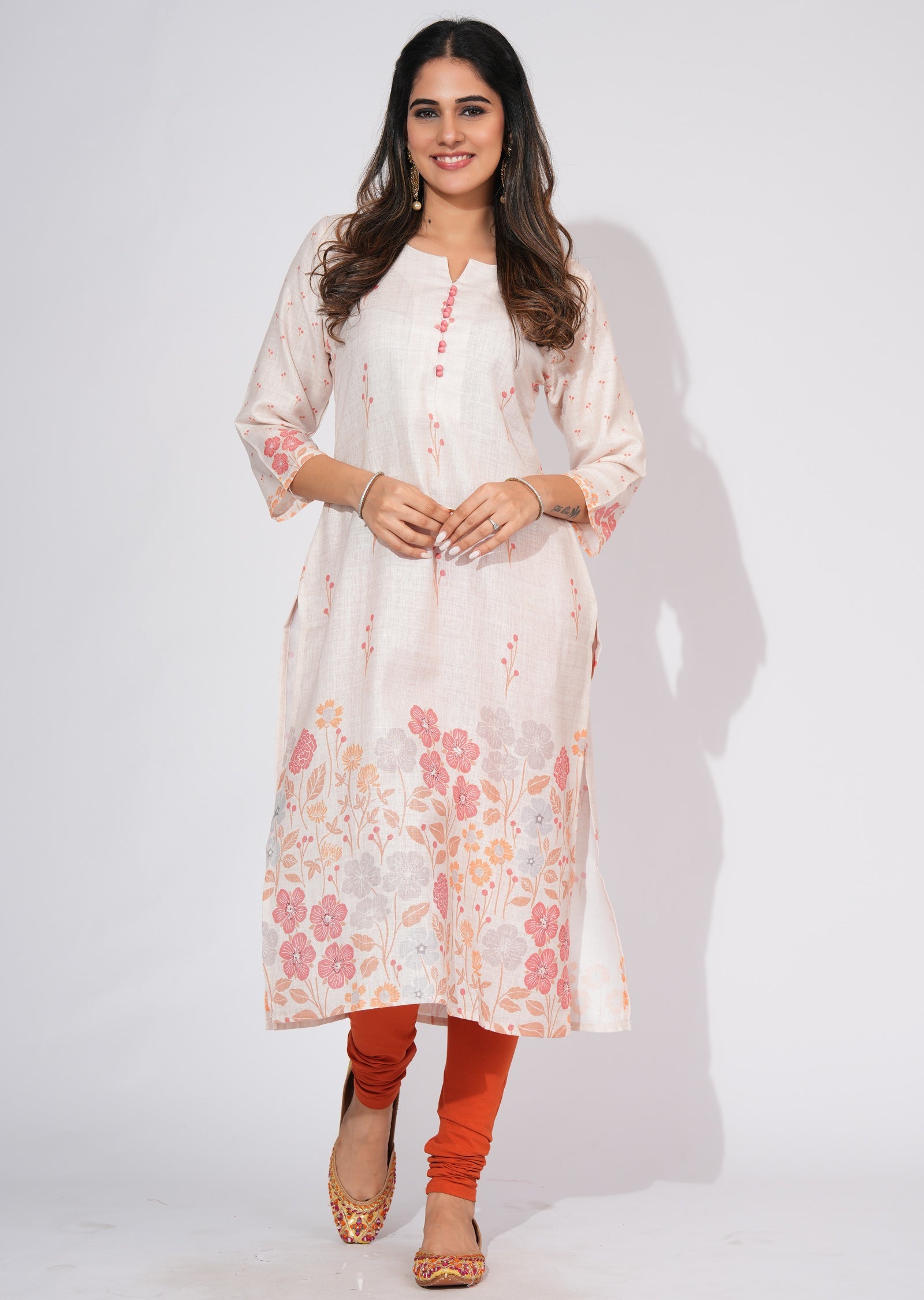 Beige Linen Cotton Straight cut kurti