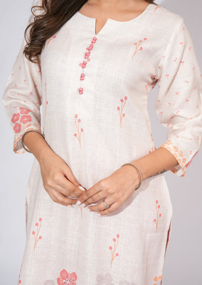 Beige Linen Cotton Straight cut kurti