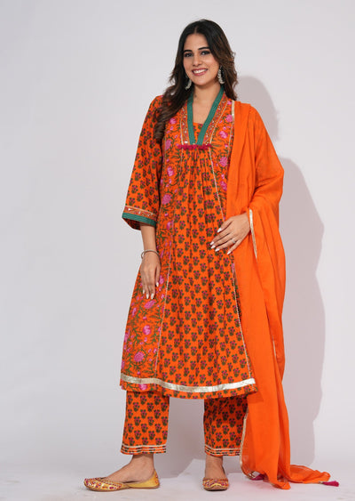 Orange Cotton Anarkali Suit