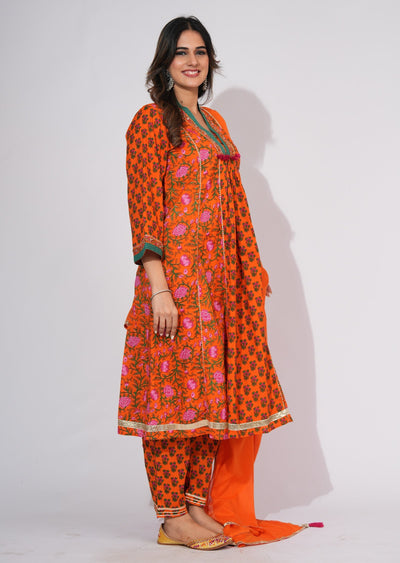 Orange Cotton Anarkali Suit