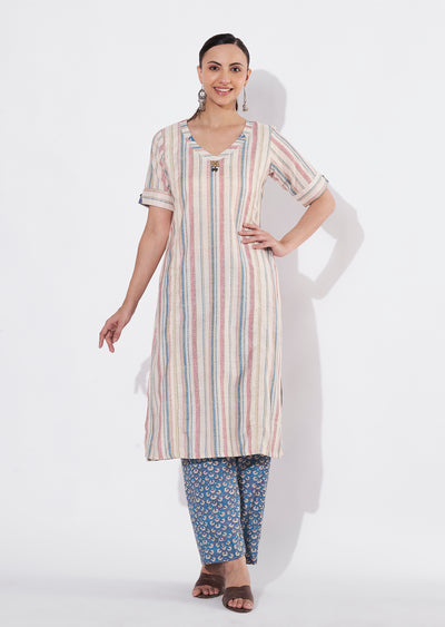 Beige Linen Cotton Straight cut Kurti set