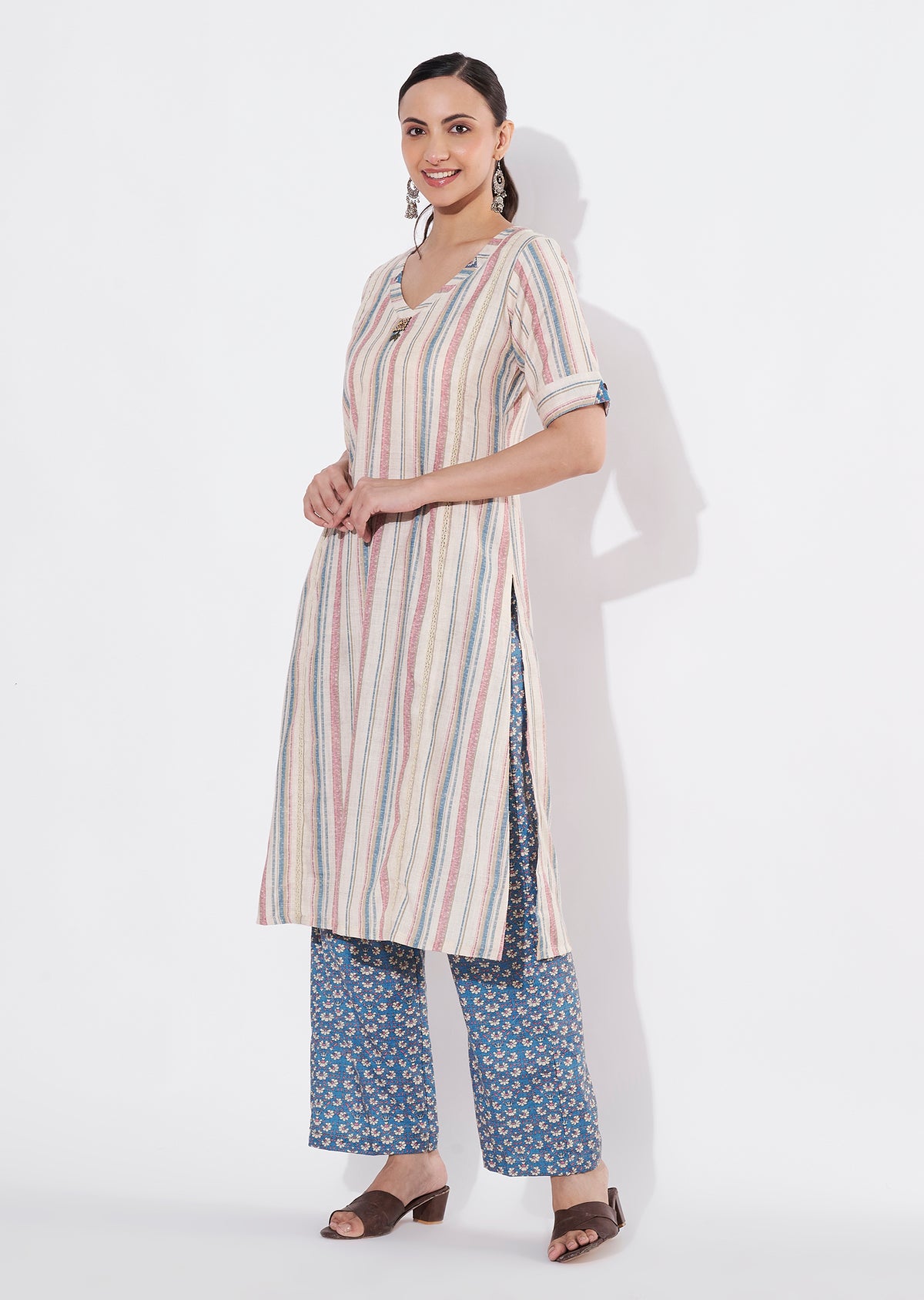 Beige Linen Cotton Straight cut Kurti set
