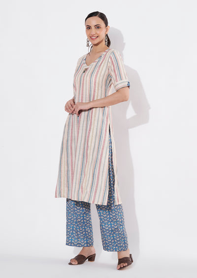 Beige Linen Cotton Straight cut Kurti set