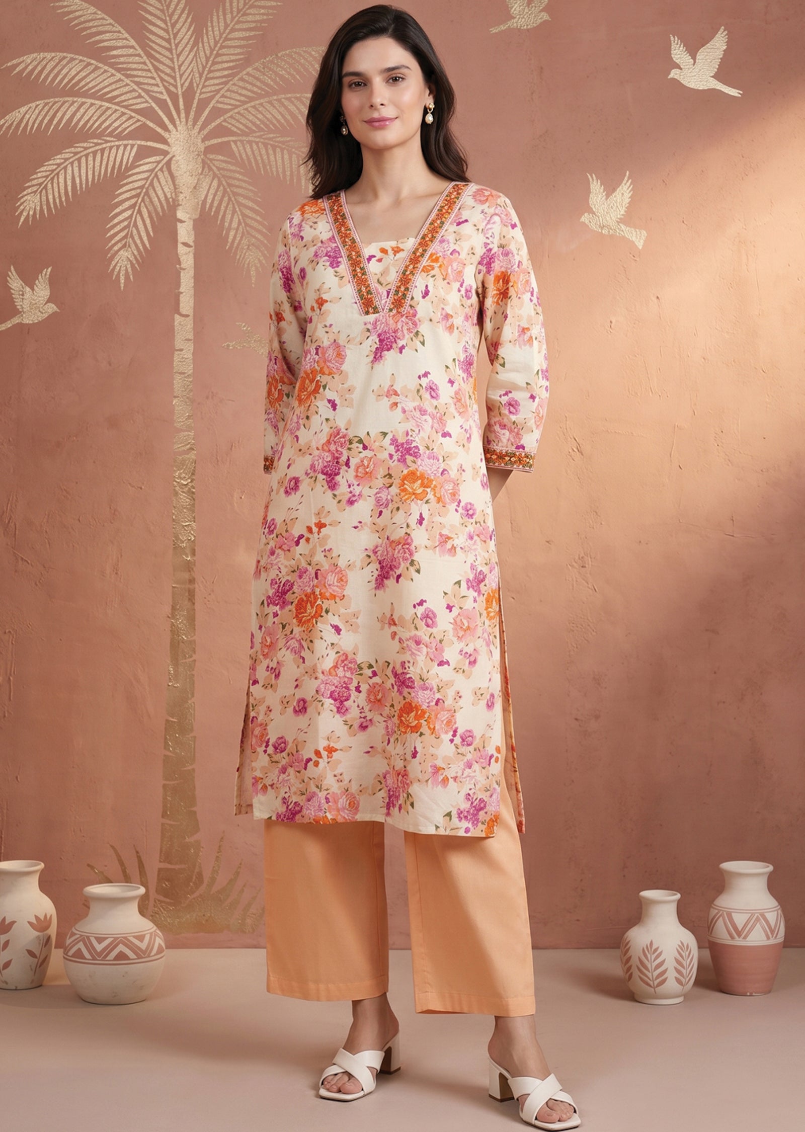 Light Pink Cotton Straight cut suit