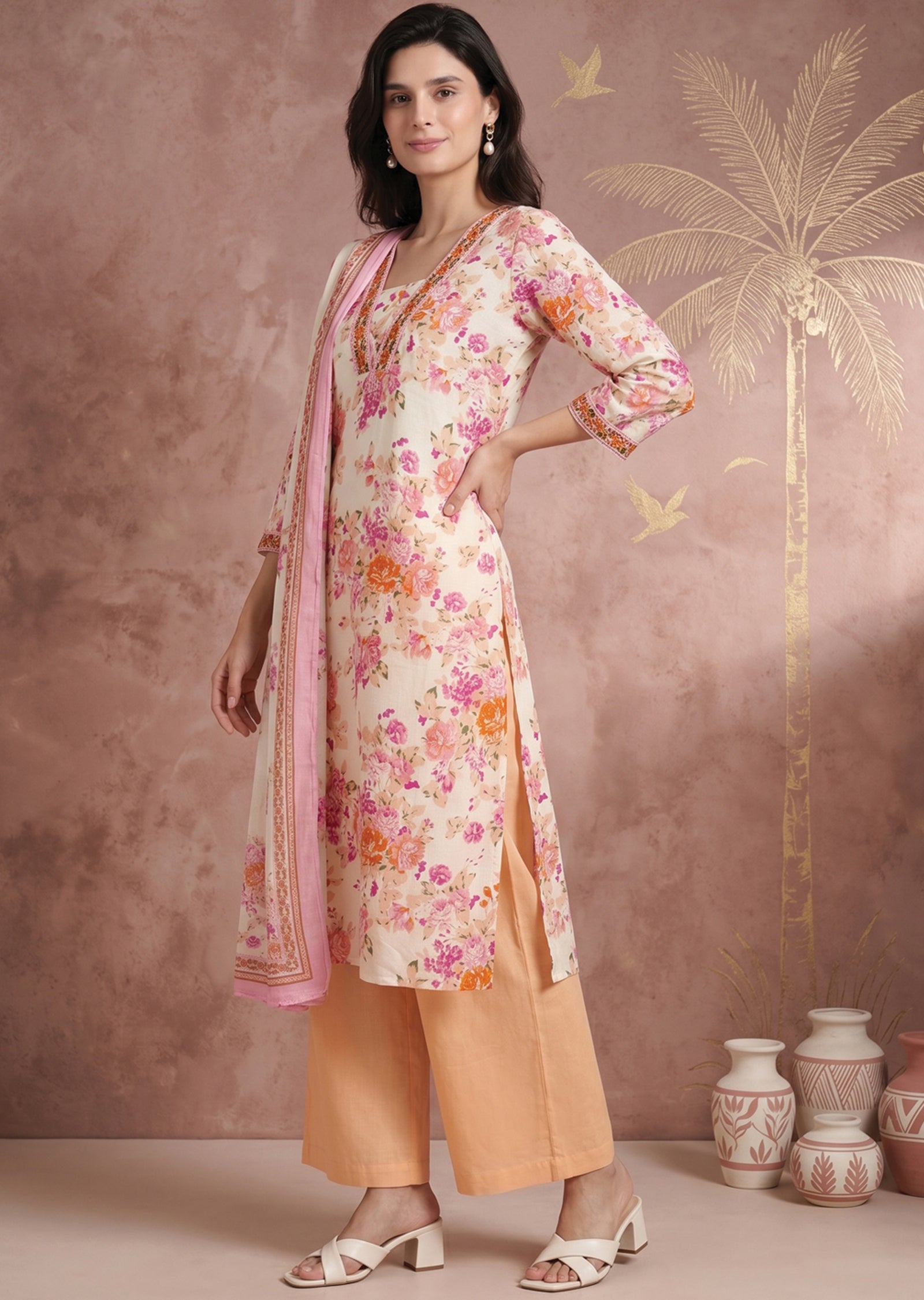 Light Pink Cotton Straight cut suit