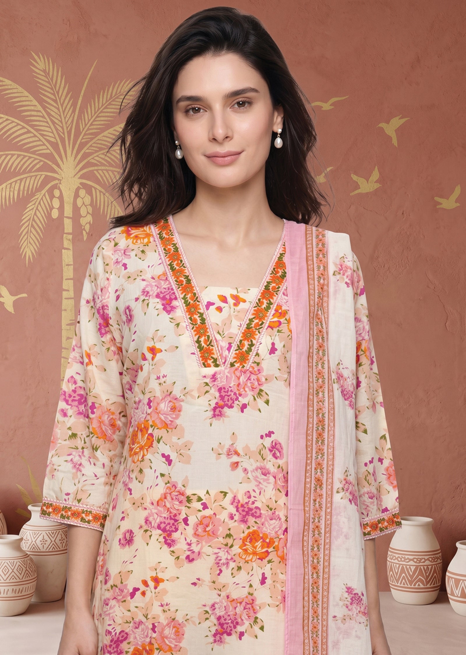 Light Pink Cotton Straight cut suit