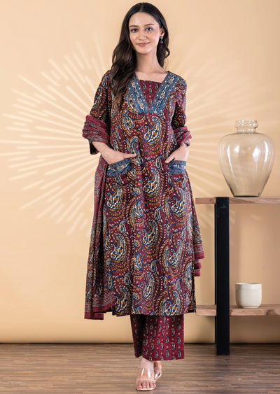 Maroon Cotton Straight cut suit