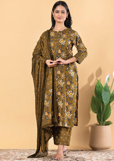 Mehndi Green Cotton Straight cut suit