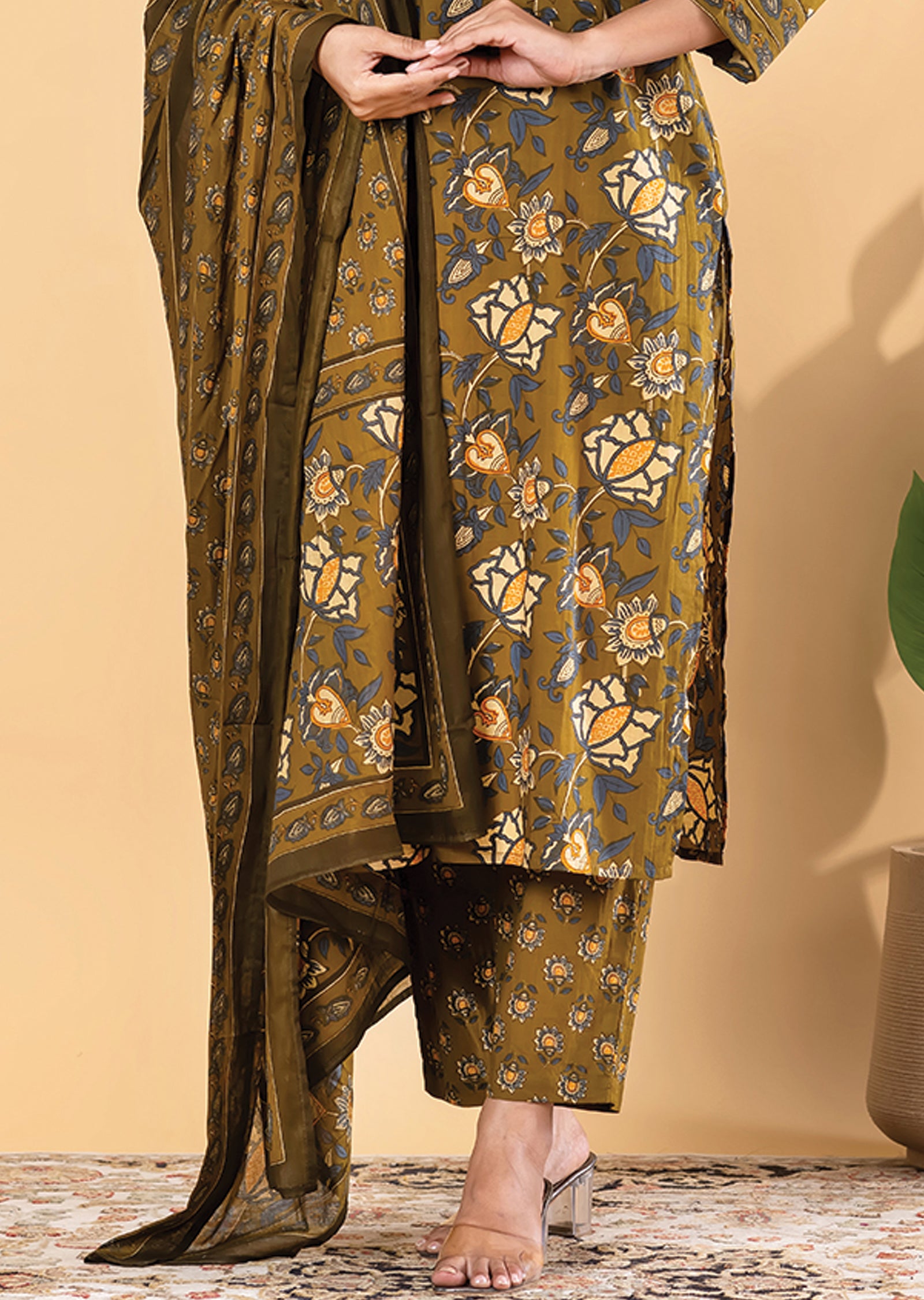 Mehndi Green Cotton Straight cut suit