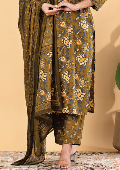 Mehndi Green Cotton Straight cut suit