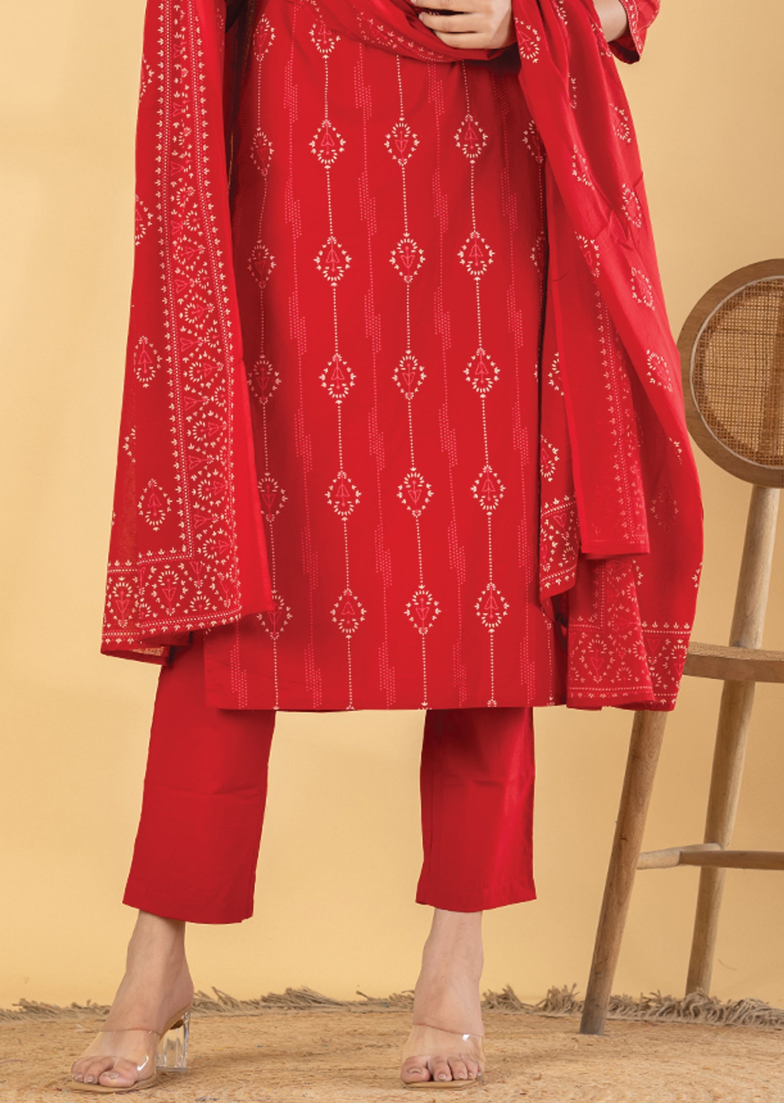 Red Cotton Straight cut suit