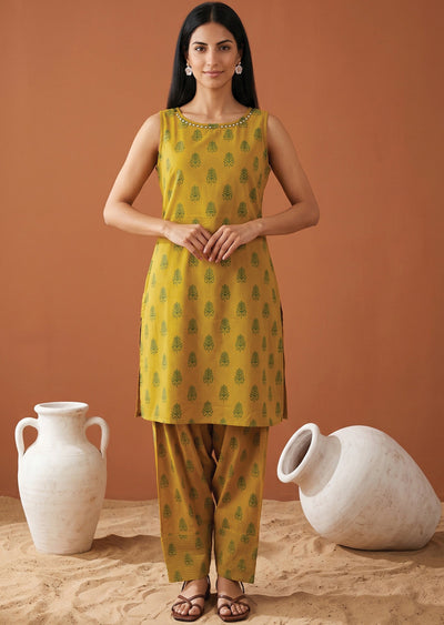 Mehndi Green Cotton Straight cut Kurti set