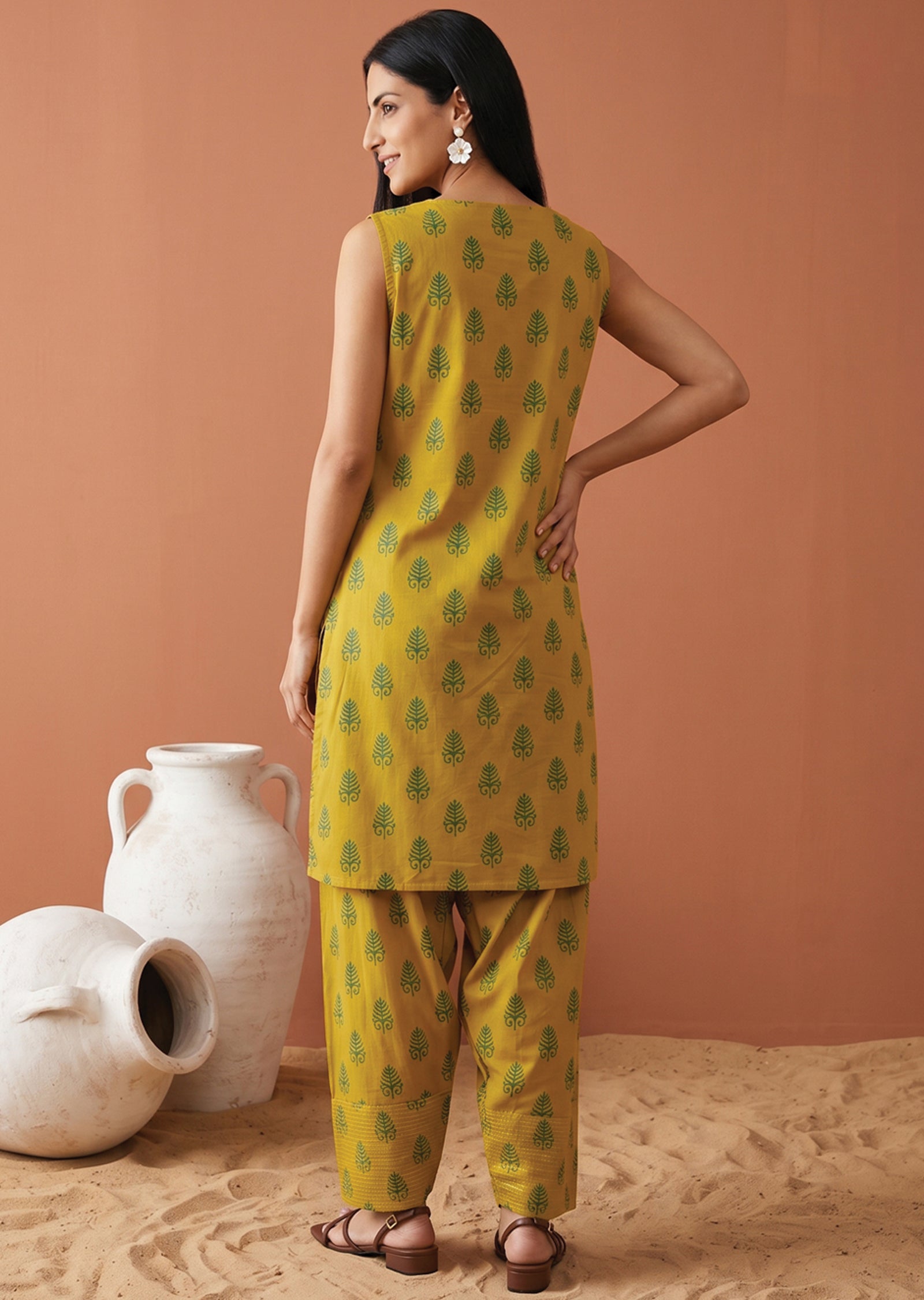 Mehndi Green Cotton Straight cut Kurti set