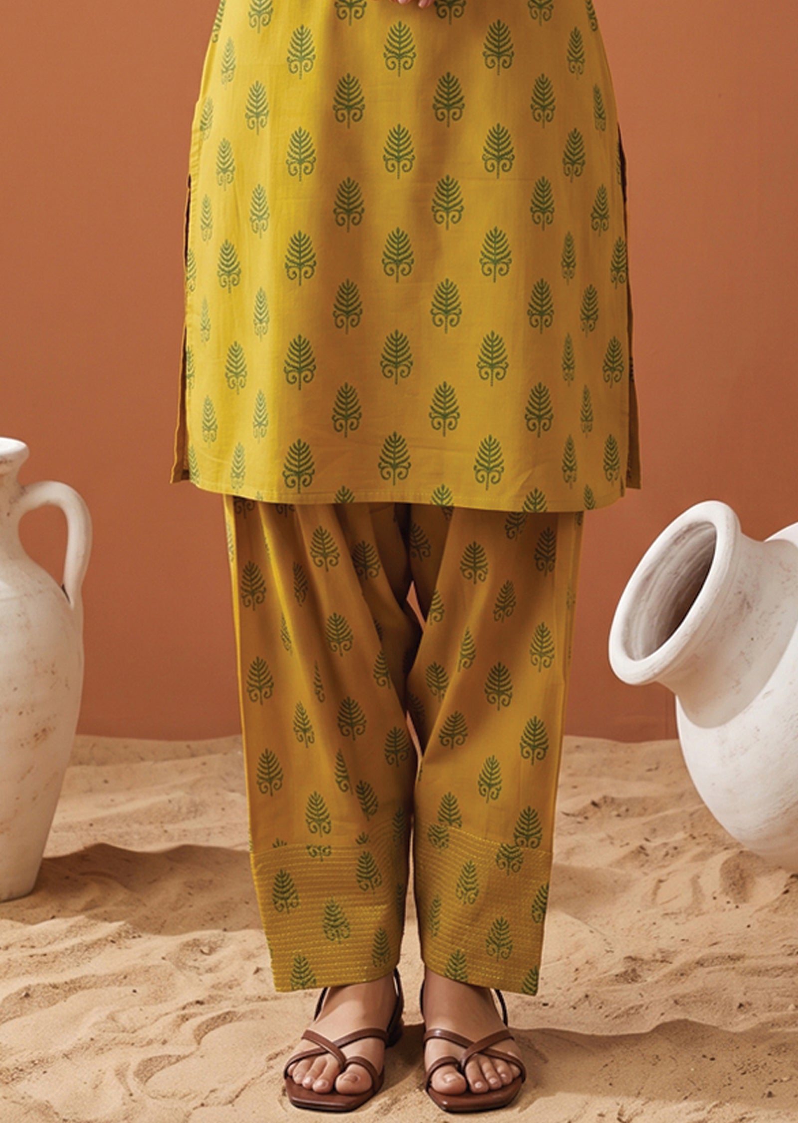 Mehndi Green Cotton Straight cut Kurti set