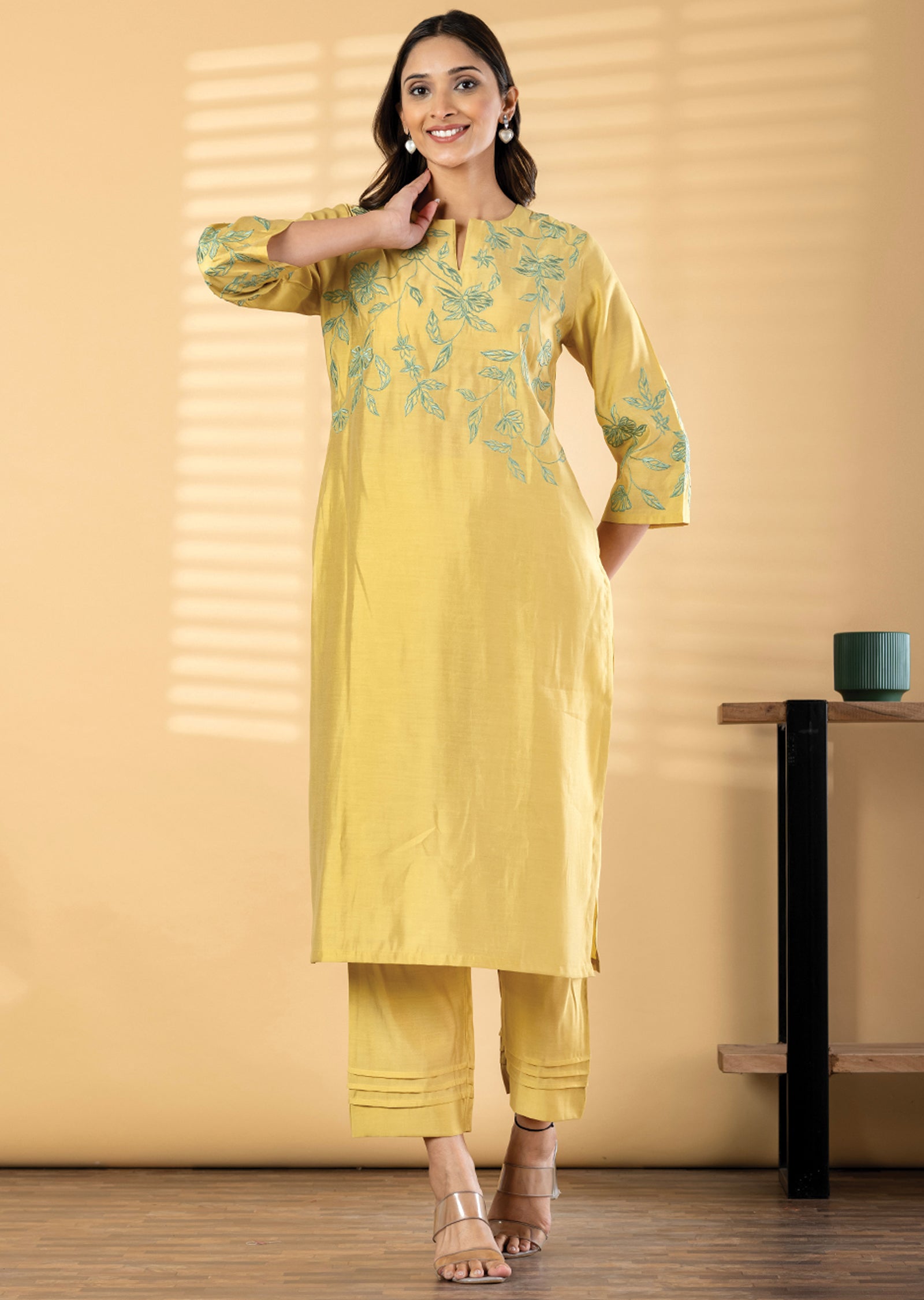 Mustard Dola Silk Straight cut Kurti set