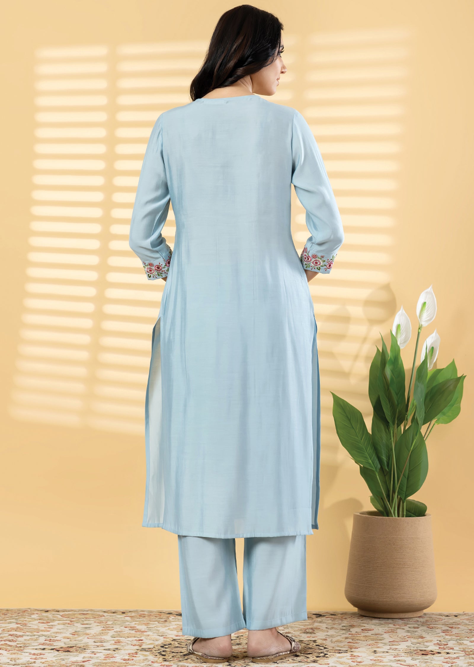 Dusty Blue Dola Silk Straight cut Kurti set