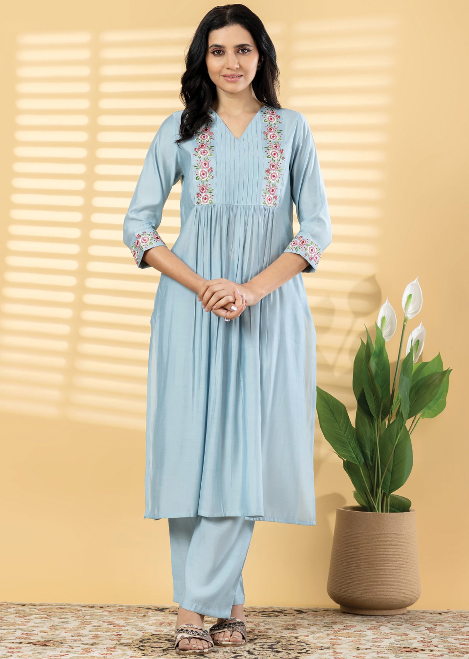 Dusty Blue Dola Silk Straight cut Kurti set