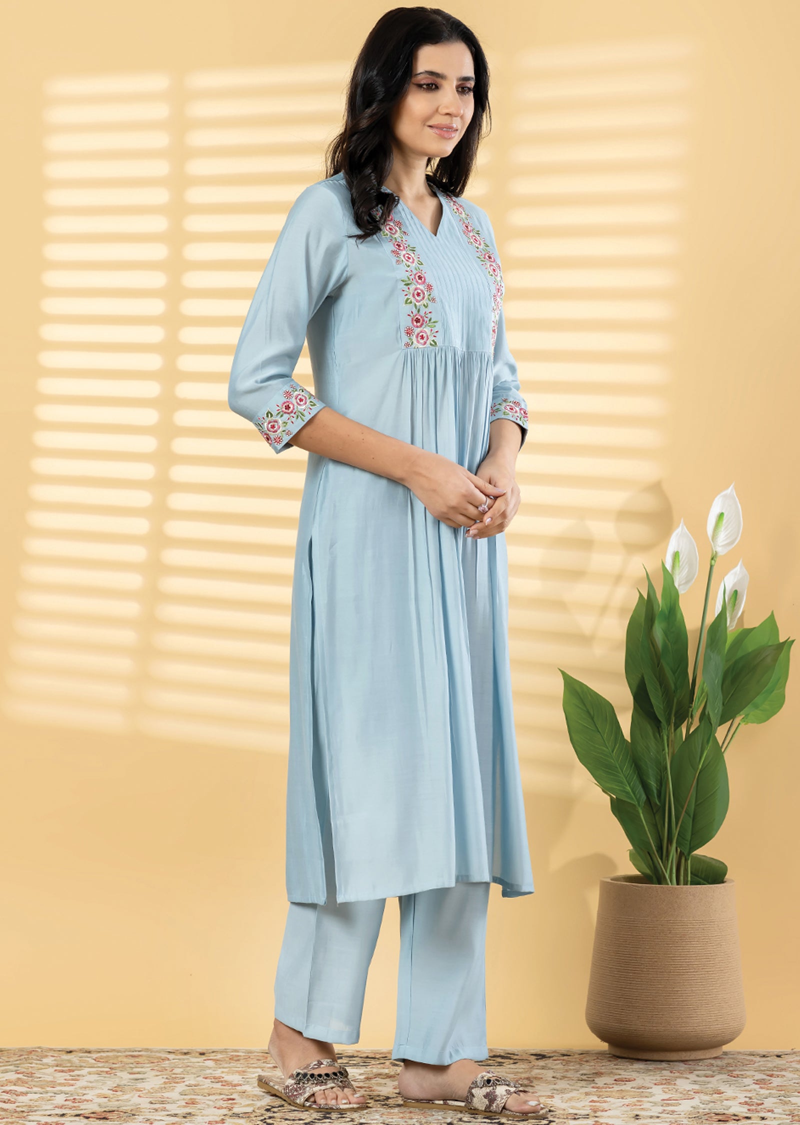 Dusty Blue Dola Silk Straight cut Kurti set